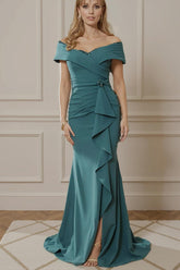 Dreamyannie Peacock Blue Satin Mermaid Ruffled Long Mother Of The Bride Dress