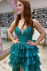 Dreamyannie Peacock Green Prom Dress A Line High-Low Ruffled Long Formal Dress