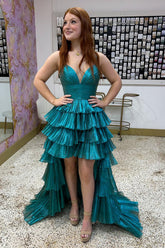 Dreamyannie Peacock Green Prom Dress A Line High-Low Ruffled Long Formal Dress