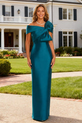 Dreamyannie Peacock Green Satin Sheath Floor Length Mother Of The Bride Dress With Bow