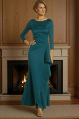 Dreamyannie Peacock Green Satin Sheath Floor Length Mother Of The Bride Dress With Sleeves