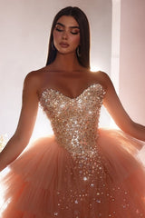 Dreamyannie Pink Prom Dress A Line Princess Tulle Beading Sleeveless Formal Dress With Pearls