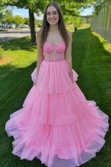 Dreamyannie Pink Prom Dress A-Line Ruffled Corset Long Evening Dress With Lace