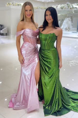 Dreamyannie Pink Prom Dress Corset Off The Shoulder Long Evening Dress With Slit