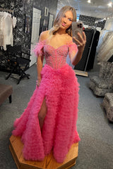 Dreamyannie Pink Prom Dress Feathered Ruffled Long Evening Dress With Slit