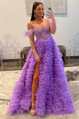 Dreamyannie Pink Prom Dress Feathered Ruffled Long Evening Dress With Slit