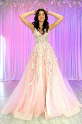 Dreamyannie Pink Prom Dress Floral A Line Corset Lace Evening Dress With Slit