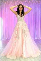 Dreamyannie Pink Prom Dress Floral A Line Corset Lace Evening Dress With Slit