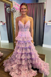 Dreamyannie Pink Prom Dress Floral Spaghetti Straps Long Evening Dress With Ruffles