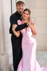 Dreamyannie Pink Prom Dress Floral V-Neck Satin Mermaid Long Evening Dress