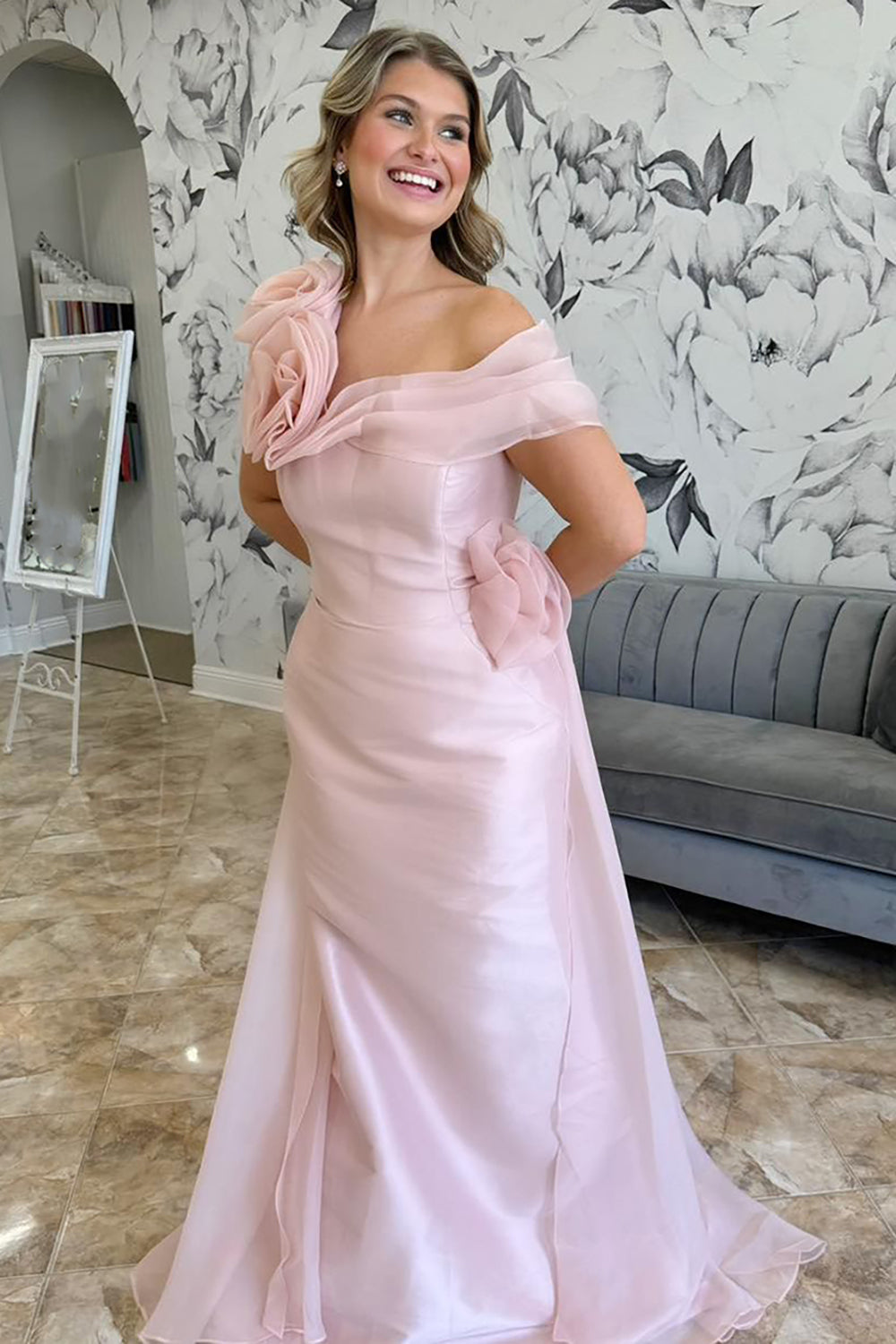 Dreamyannie Pink Prom Dress Flowers Mermaid Asymmetrical Neck Long Evening Dress