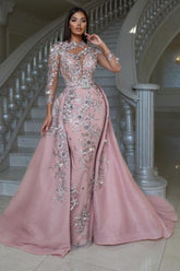 Dreamyannie Pink Prom Dress High Neck Long Sleeve Detachable Panel Train Formal Dress