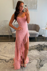 Dreamyannie Pink Prom Dress Lace Long Ruffled Formal Dress With Slit