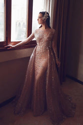Dreamyannie Pink Prom Dress Mermaid Beaded Panel Train Tulle Formal Dress With Appliques
