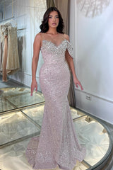 Dreamyannie Pink Prom Dress Mermaid Crew One Shoulder Sleeveless Beaded Tulle Formal Dress With Rhinestone