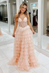 Dreamyannie Pink Prom Dress Tiered A-Line Spaghetti Straps Long Evening Dress