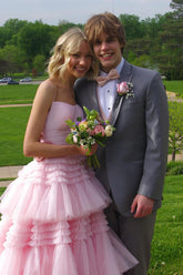Dreamyannie Pink Prom Dress Tulle Tiered A-Line Spaghetti Straps Long Evening Dress