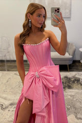 Dreamyannie Pink Satin Corset Prom Dress With Neckline Pearl Trim & Oversized Bow Formal Evening Gown