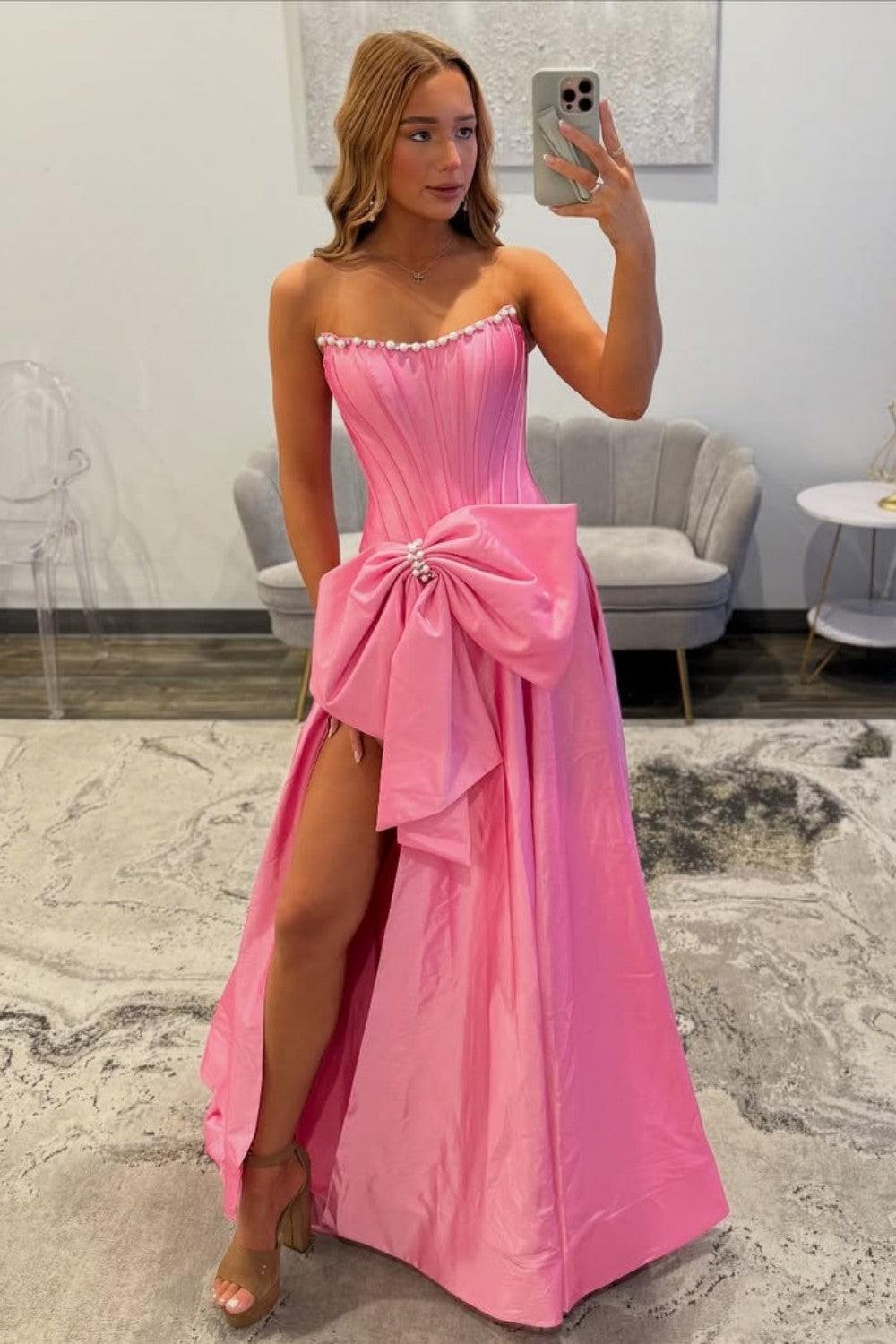 Dreamyannie Pink Satin Corset Prom Dress With Neckline Pearl Trim & Oversized Bow Formal Evening Gown