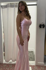 Dreamyannie Pink Spaghetti Strap Satin Mermaid Prom Dress With Lace-Up Back Formal Evening Gown