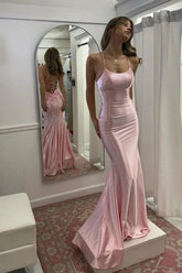 Dreamyannie Pink Spaghetti Strap Satin Mermaid Prom Dress With Lace-Up Back Formal Evening Gown