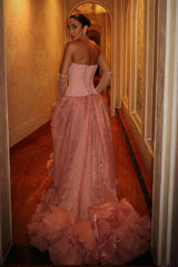 Dreamyannie Pink Strapless Corset Prom Dress With Beaded Bodice And Tulle Skirt Formal Evening Gown