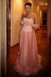 Dreamyannie Pink Strapless Corset Prom Dress With Beaded Bodice And Tulle Skirt Formal Evening Gown