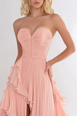 Dreamyannie Pink Wedding Guest Dress A Line Sweetheart Chiffon Long Prom Dress With Ruffles