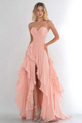 Dreamyannie Pink Wedding Guest Dress A Line Sweetheart Chiffon Long Prom Dress With Ruffles