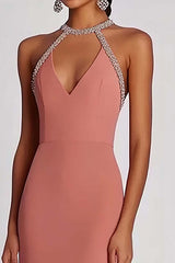 Dreamyannie Pink Wedding Guest Dress Halter Neck Sheath Long Formal Dress With Beading