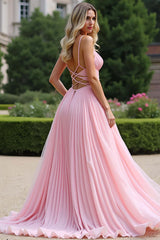 Dreamyannie Pink Wedding Guest Dress Pleated A Line Spaghetti Straps Long Formal Dress