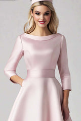 Dreamyannie Pink Wedding Guest Dress Satin A Line Tea Length Formal Dress With 3/4 Sleeves