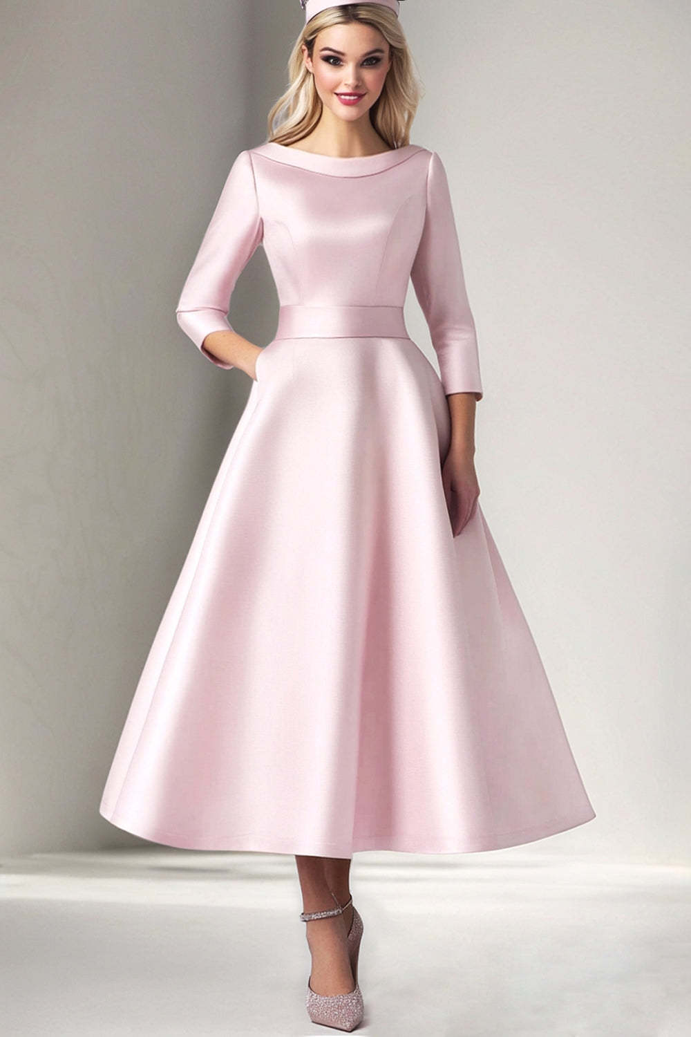 Dreamyannie Pink Wedding Guest Dress Satin A Line Tea Length Formal Dress With 3/4 Sleeves