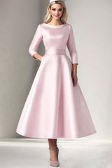 Dreamyannie Pink Wedding Guest Dress Satin A Line Tea Length Formal Dress With 3/4 Sleeves