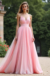 Dreamyannie Pink Wedding Guest Dress V-Neck A Line Ruched Long Formal Dress