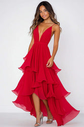Dreamyannie Pleated Long Red Wedding Guest Dress V-Neck Chiffon Formal Dress