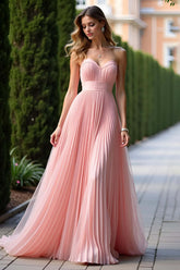 Dreamyannie Pleated Sweetheart A Line Pink Wedding Guest Dress Long Formal Dress