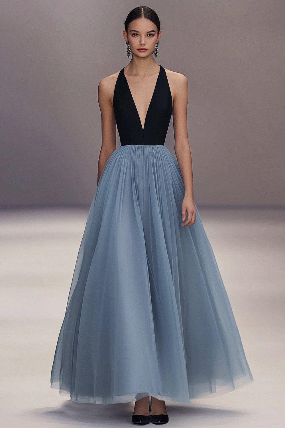 Dreamyannie Pleated Tulle V Neck Black Blue Wedding Guest Dress Long Formal Dress