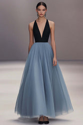 Dreamyannie Pleated Tulle V Neck Black Blue Wedding Guest Dress Long Formal Dress