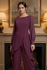 Dreamyannie Plum Chiffon Boat Neck 2 Piece Mother Of The Bride Pant Suits