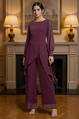 Dreamyannie Plum Chiffon Boat Neck 2 Piece Mother Of The Bride Pant Suits