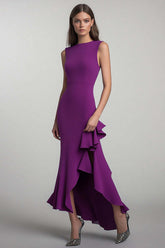 Dreamyannie Plum Sheath Round Neck Long Formal Dress