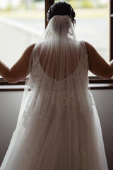 Dreamyannie Plus Size Beach Wedding Dress V Neck A Line Tulle Bridal Gown with Lace Appliques