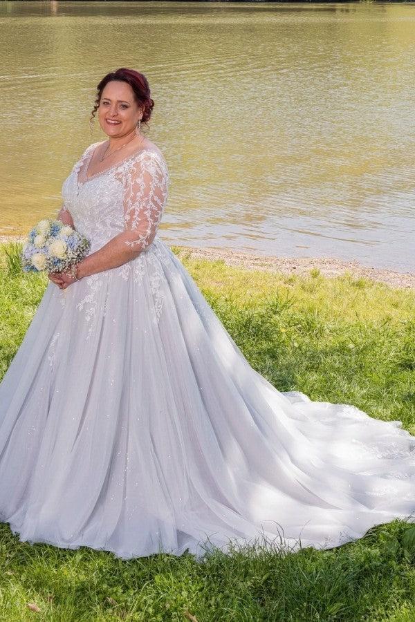 Dreamyannie UK Plus Size Wedding Dress 3/4 Sleeve A Line Tulle Bridal Gown with Lace Appliques