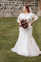 Dreamyannie Plus Size Wedding Dress 3/4 Sleeve Tulle Mermaid Bridal Gown with Lace Appliques
