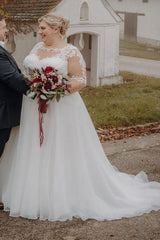 Dreamyannie Plus Size Wedding Dress A Line Bateau Neck Half Sleeve Bridal Gown with Lace