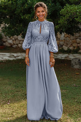 Dreamyannie Puff Sleeves Dusty Blue Lace A Line Keyhole Long Mother Of The Bride Dress