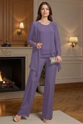 Dreamyannie Purple Beaded Boat Neck 3 Piece Mother Of The Bride Pant Suits With Jacket