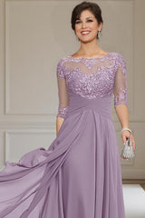 Dreamyannie Purple Chiffon Bateau Neck Ankle Length Mother Of The Bride Dress With Lace