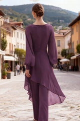 Dreamyannie Purple Chiffon Floral V Neck 2 Piece Mother Of The Bride Pant Suits With Sleeves